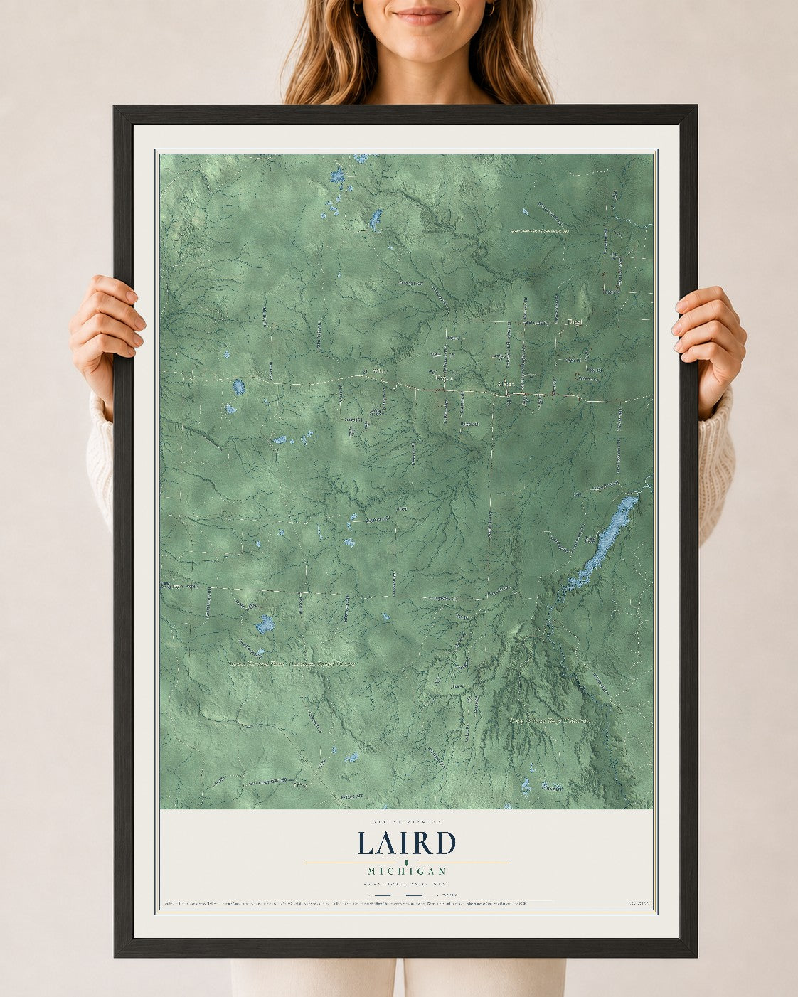 Map of Laird, Michigan, 24 x 36 inch print in a black wood frame