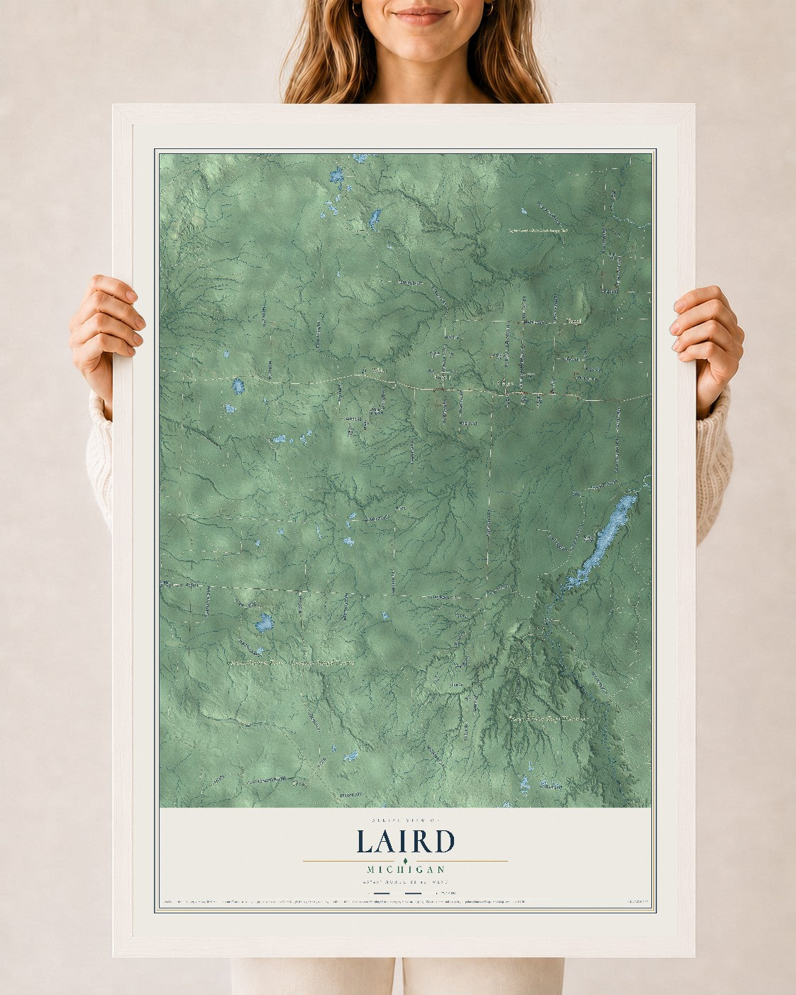 Map of Laird, Michigan, 24 x 36 inch print in a white wood frame