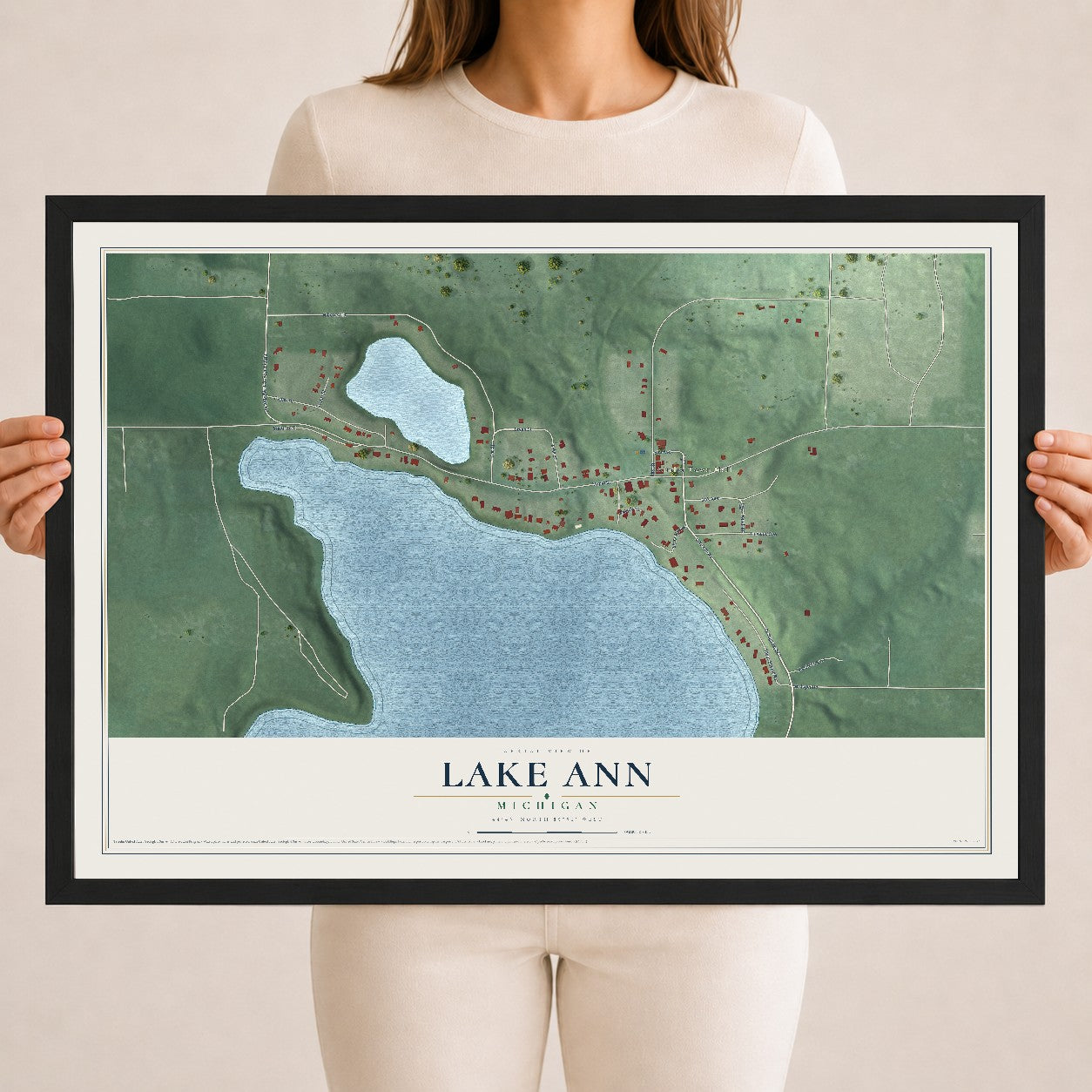 Map of Lake Ann, Michigan, 18 x 24 inch print in a black wood frame