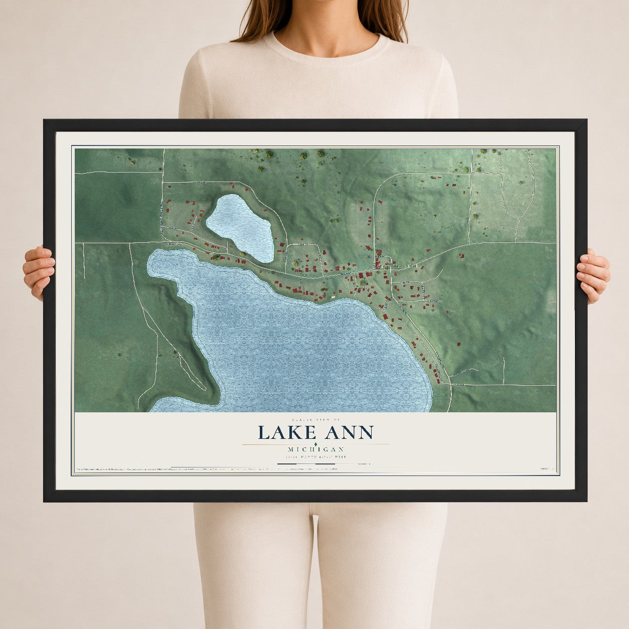 Map of Lake Ann, Michigan, 24 x 36 inch print in a black wood frame