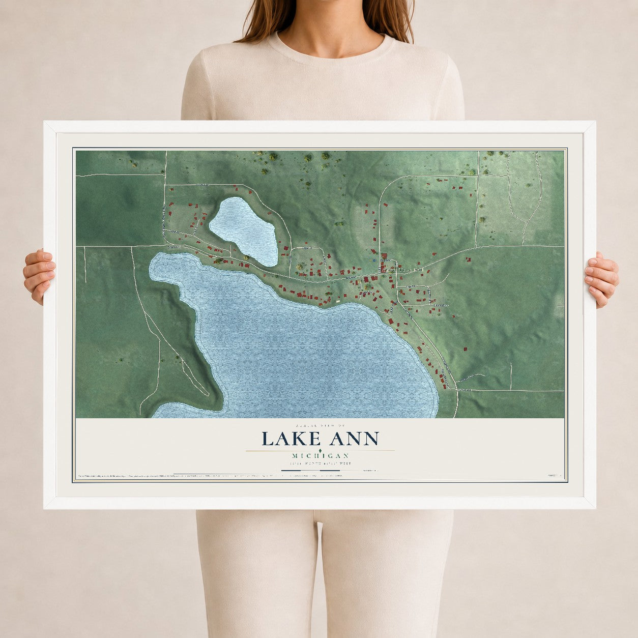 Map of Lake Ann, Michigan, 24 x 36 inch print in a white wood frame