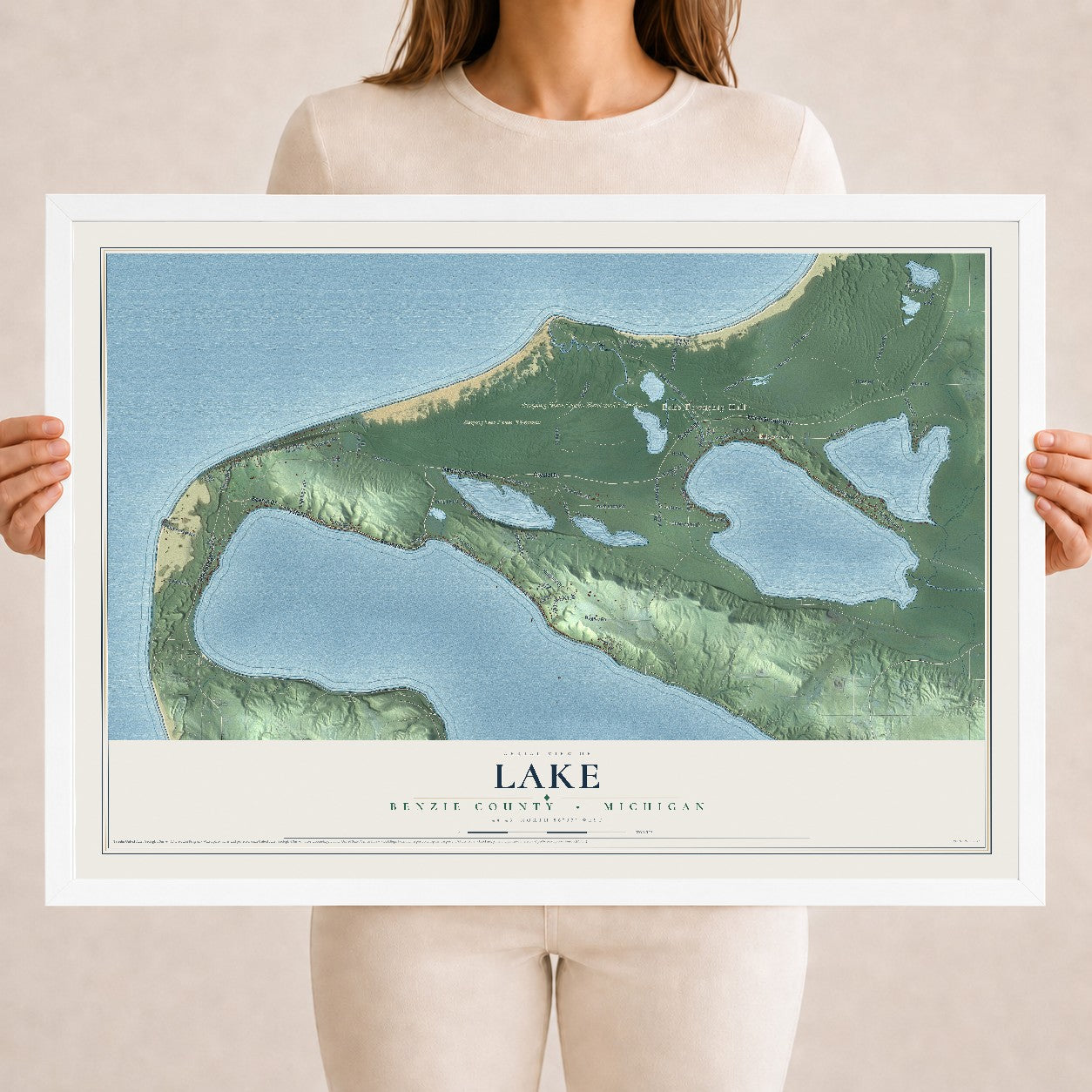 Map of Lake, Benzie County, Michigan, 18 x 24 inch print in a white wood frame
