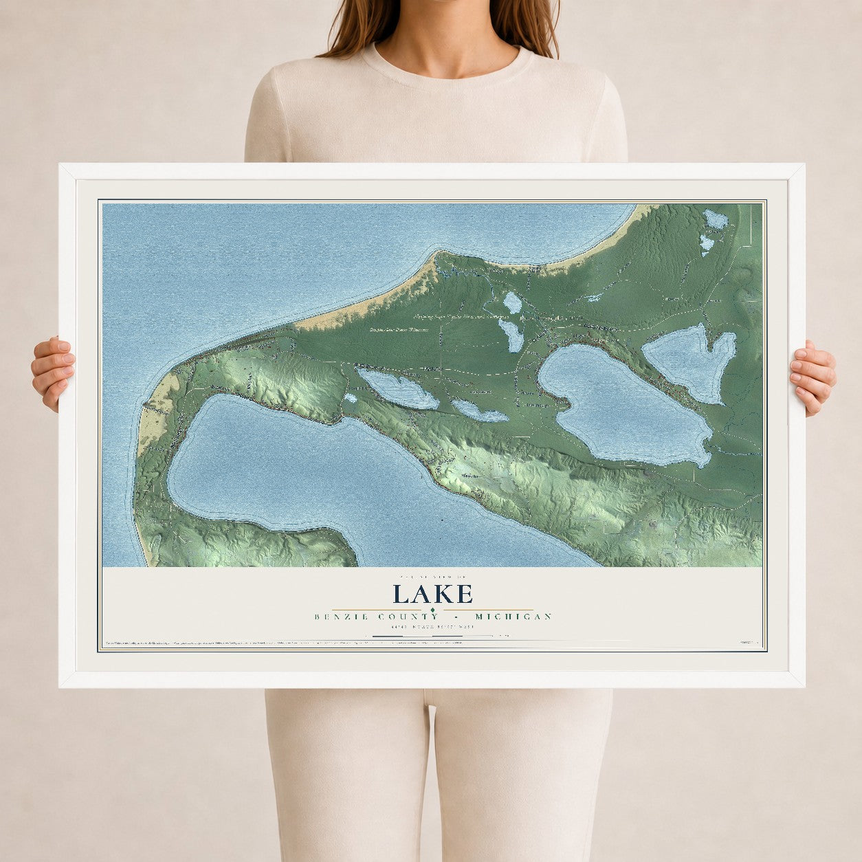 Map of Lake, Benzie County, Michigan, 24 x 36 inch print in a white wood frame