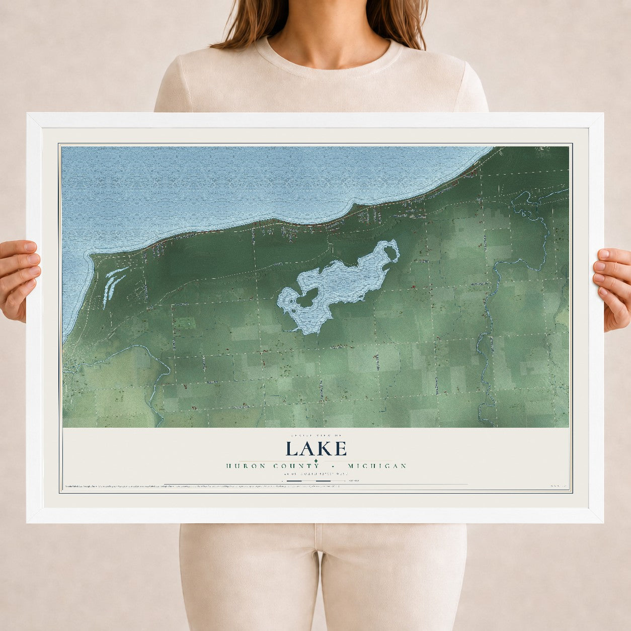 Map of Lake, Huron County, Michigan, 18 x 24 inch print in a white wood frame