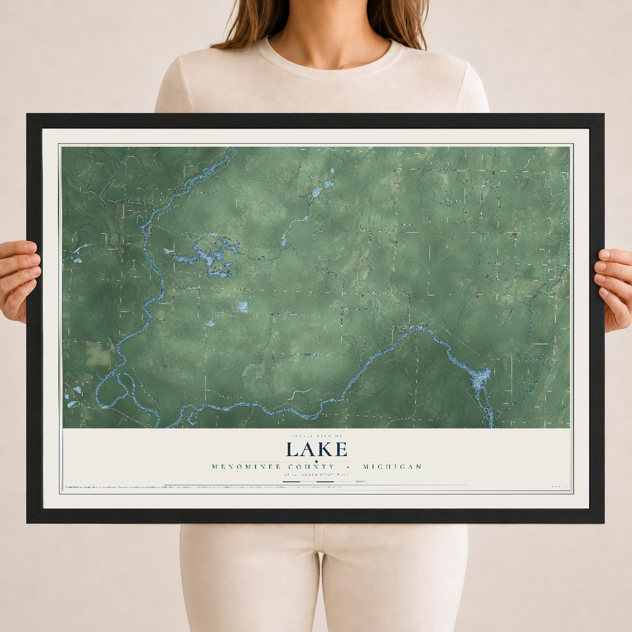Map of Lake, Menominee County, Michigan, 18 x 24 inch print in a black wood frame