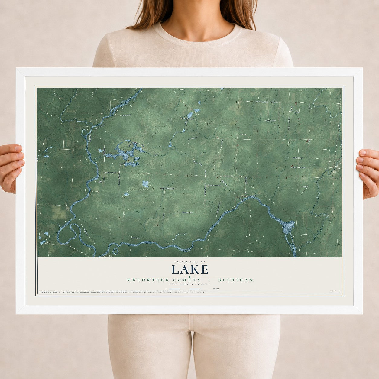 Map of Lake, Menominee County, Michigan, 18 x 24 inch print in a white wood frame