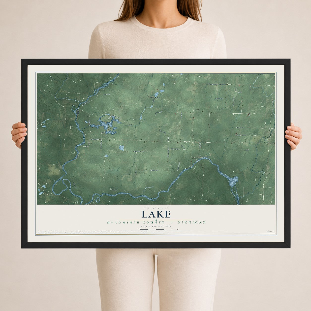 Map of Lake, Menominee County, Michigan, 24 x 36 inch print in a black wood frame