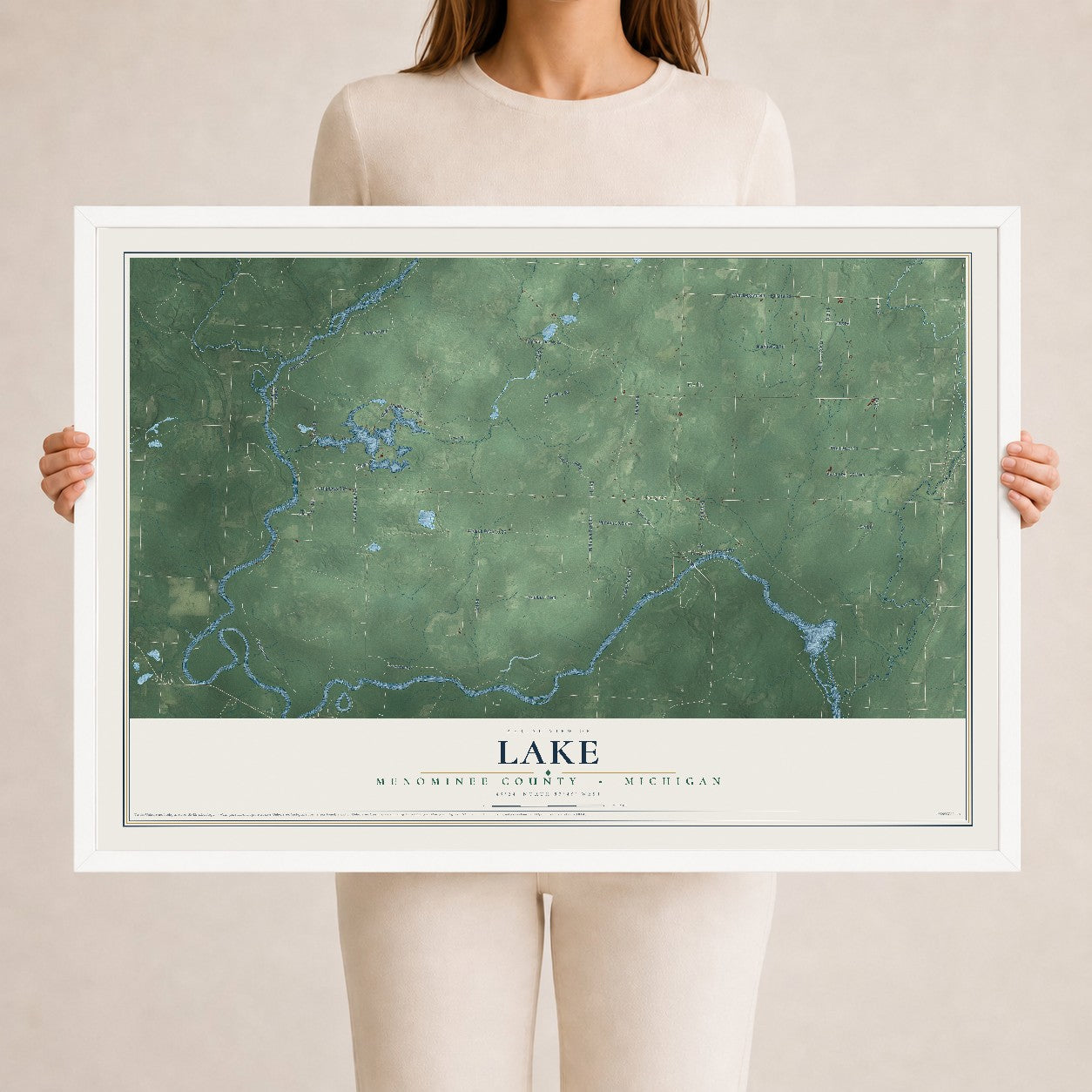 Map of Lake, Menominee County, Michigan, 24 x 36 inch print in a white wood frame