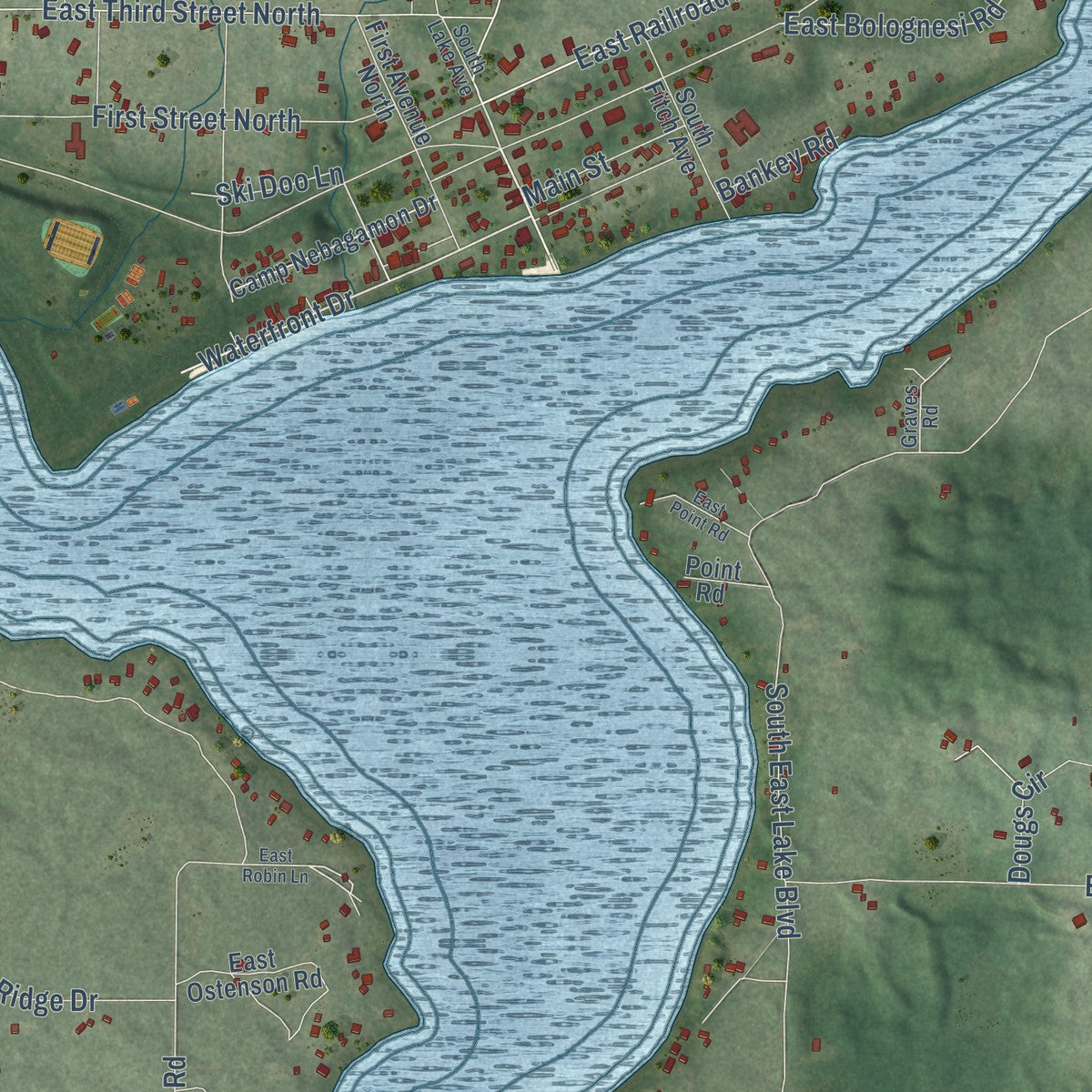 Close-up of the map of Lake Nebagamon, Wisconsin print showing street and building detail