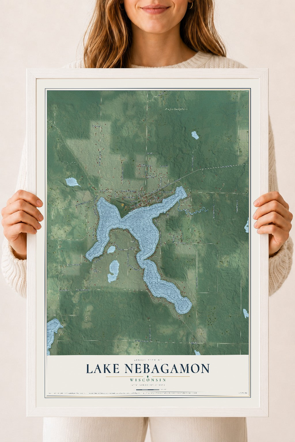 Map of Lake Nebagamon, Wisconsin, 18 x 24 inch print in a white wood frame