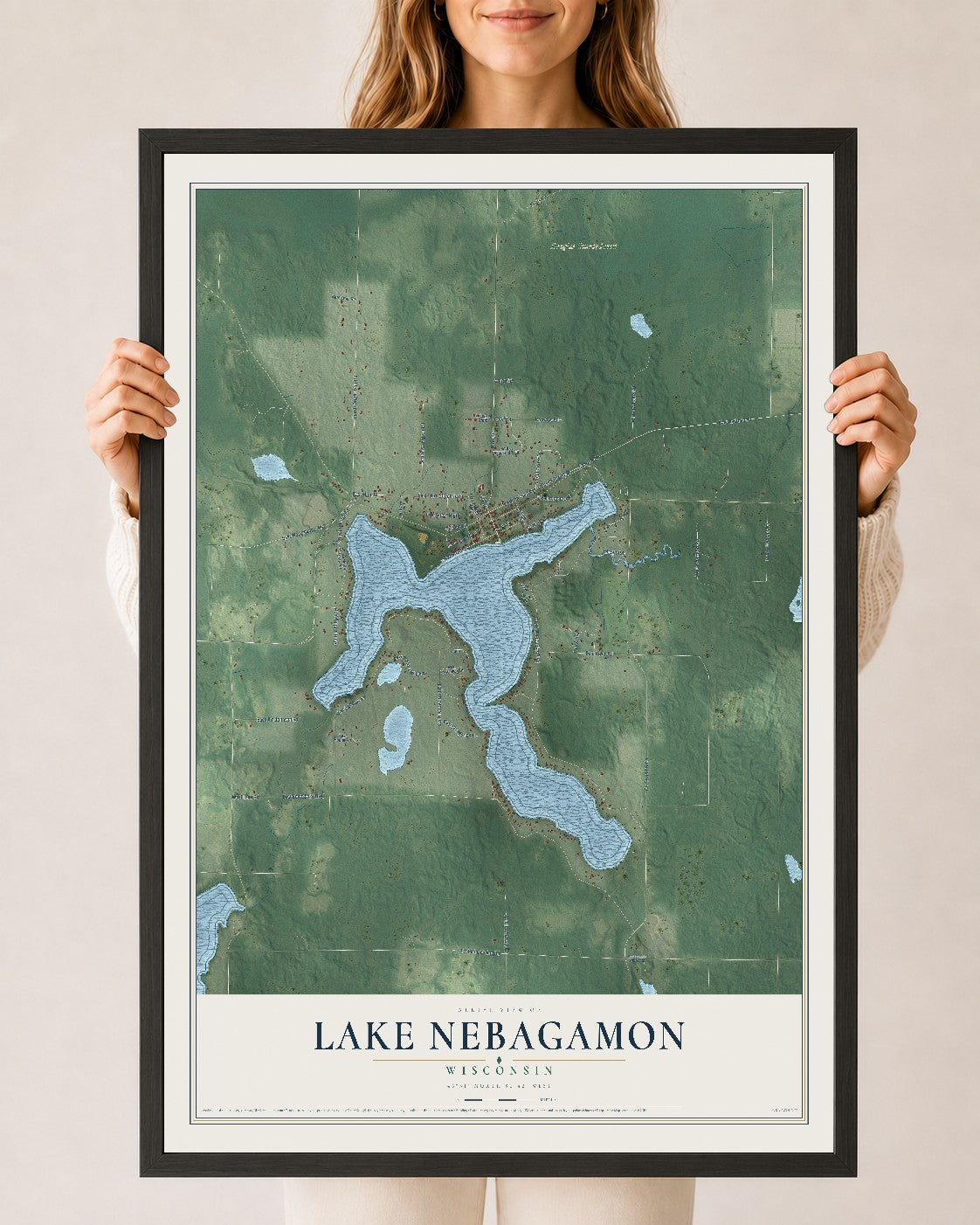 Map of Lake Nebagamon, Wisconsin, 24 x 36 inch print in a black wood frame