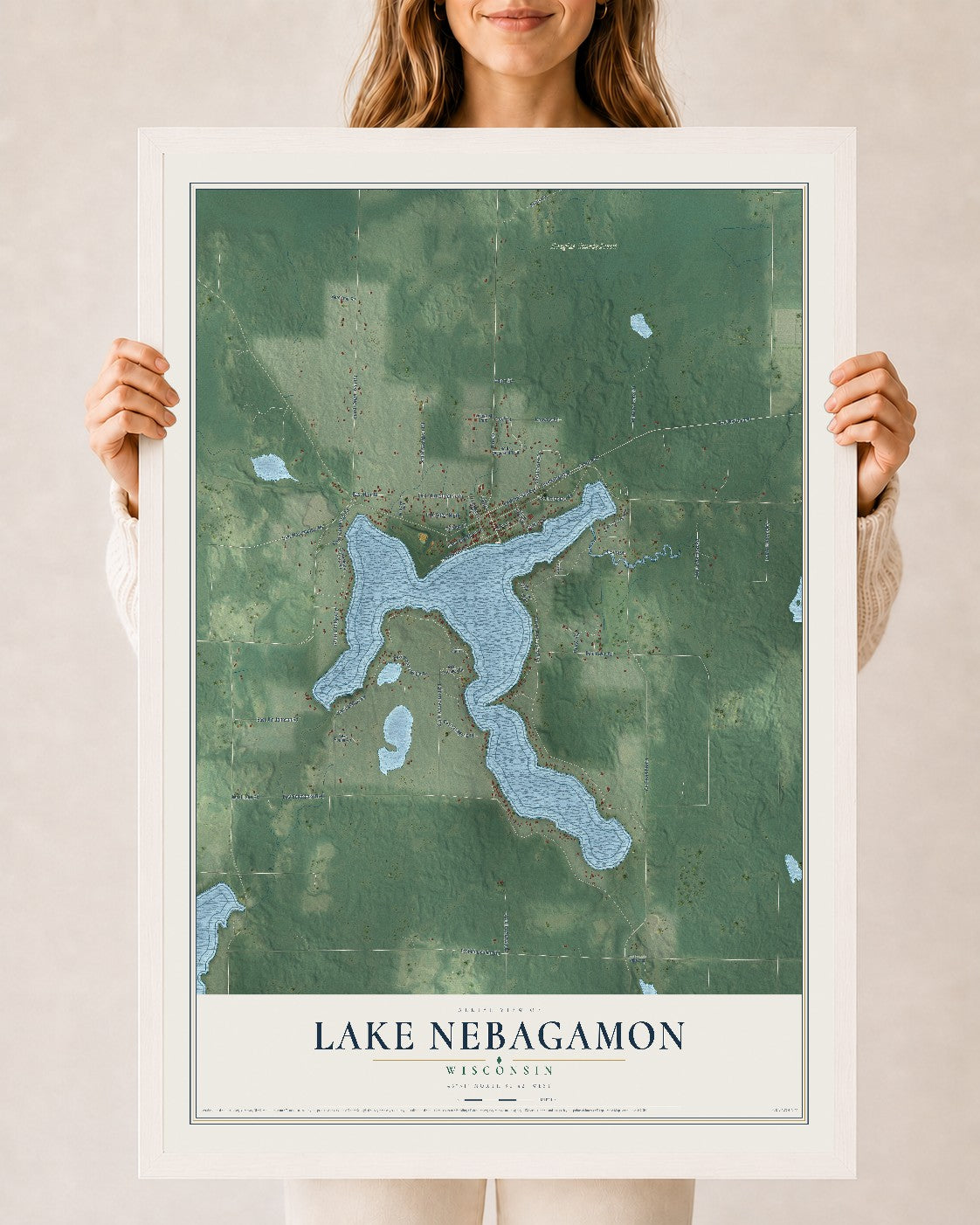Map of Lake Nebagamon, Wisconsin, 24 x 36 inch print in a white wood frame