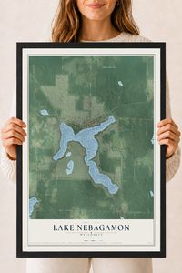 Map of Lake Nebagamon, Wisconsin, 18 x 24 inch print in a black wood frame
