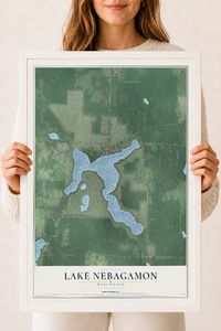 Map of Lake Nebagamon, Wisconsin, 18 x 24 inch print in a white wood frame