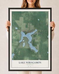 Map of Lake Nebagamon, Wisconsin, 24 x 36 inch print in a black wood frame