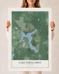 Map of Lake Nebagamon, Wisconsin, 24 x 36 inch print in a white wood frame