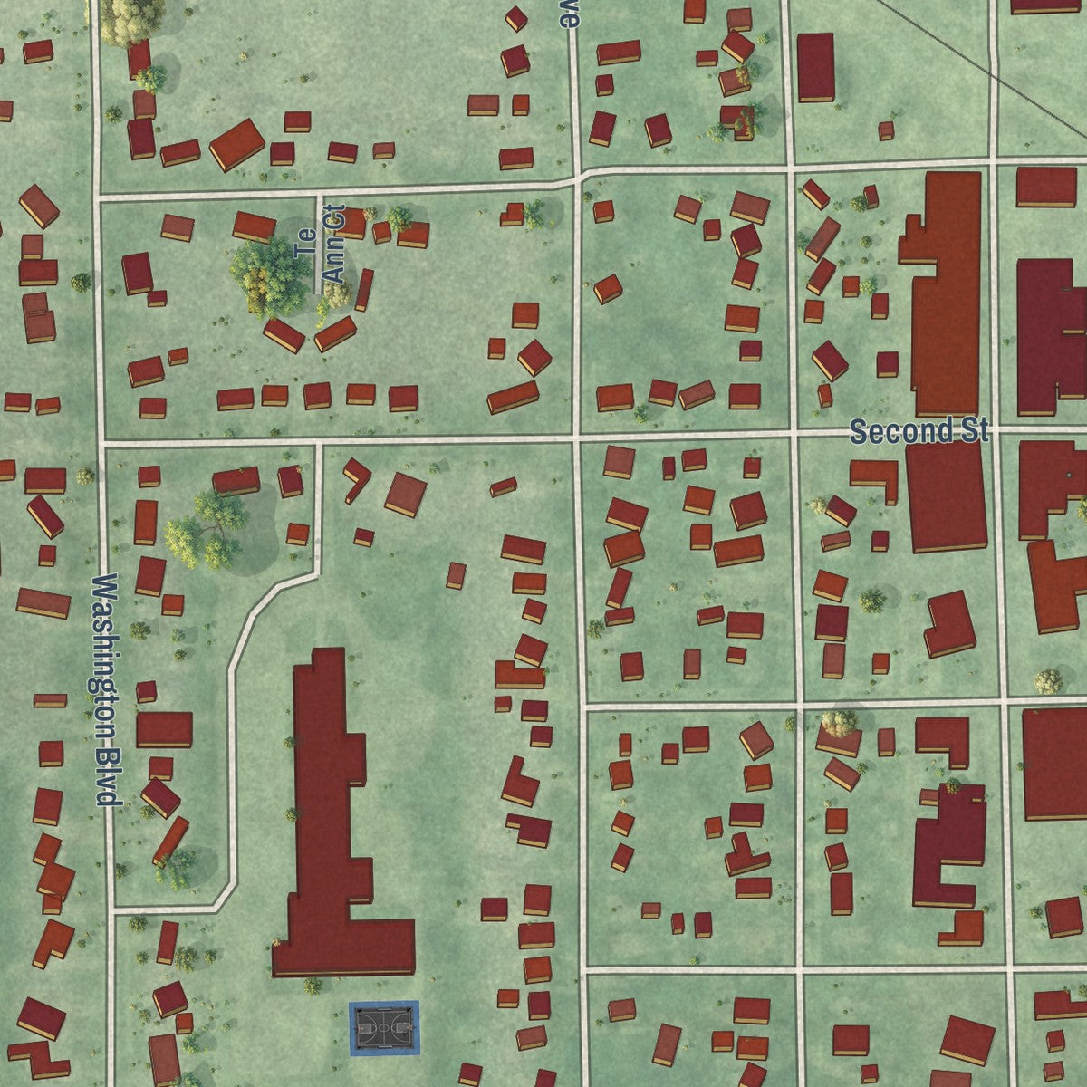 Close-up of the map of Lake Odessa, Michigan print showing street and building detail