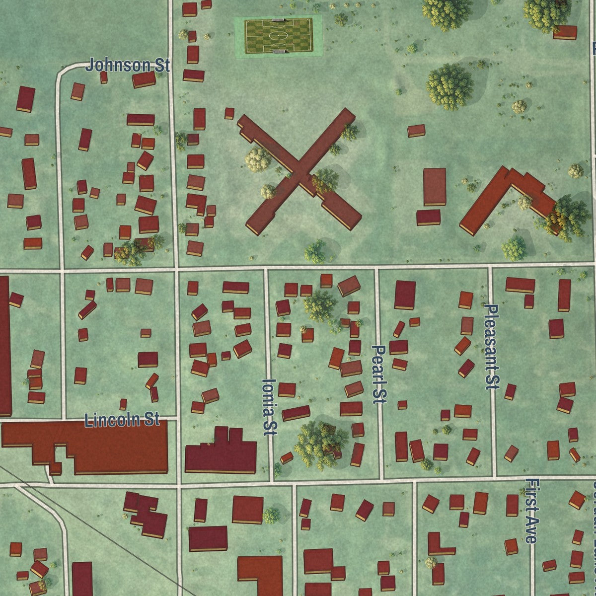Second close-up of the map of Lake Odessa, Michigan print showing more streets and buildings