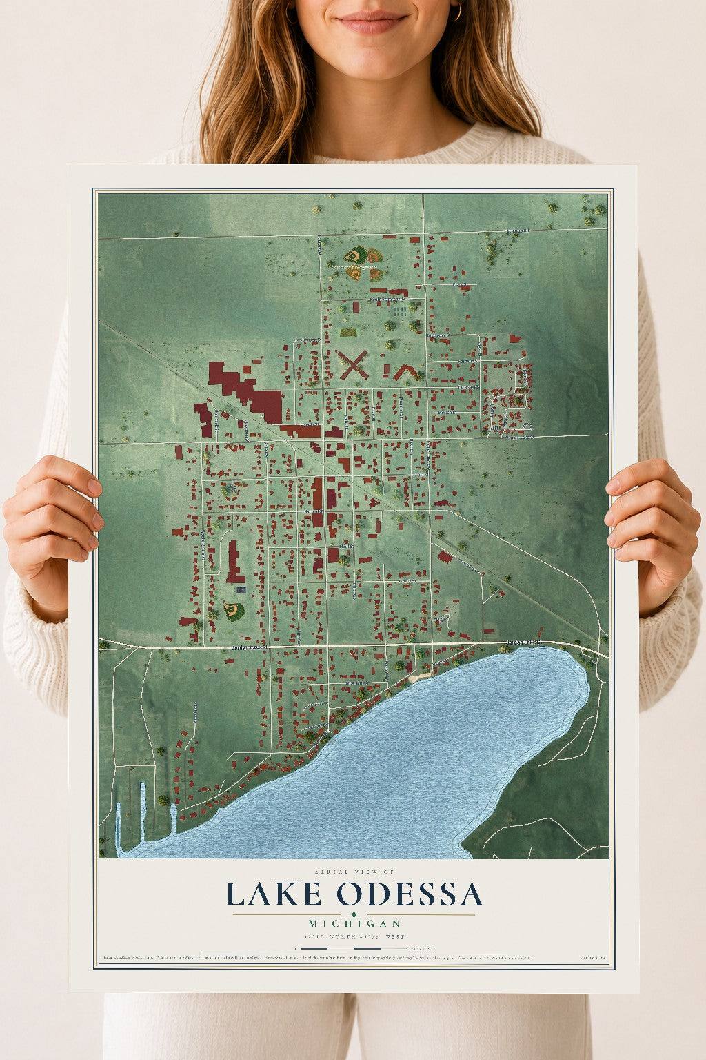 Map of Lake Odessa, Michigan, 18 x 24 inch unframed archival matte print