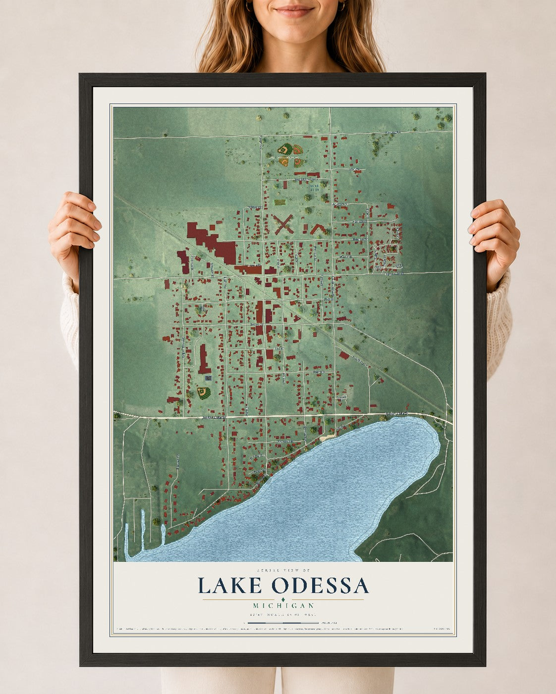 Map of Lake Odessa, Michigan, 24 x 36 inch print in a black wood frame