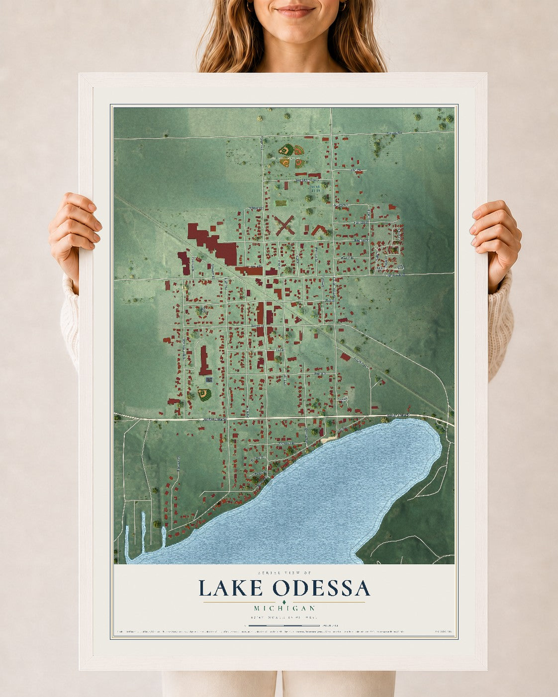 Map of Lake Odessa, Michigan, 24 x 36 inch print in a white wood frame