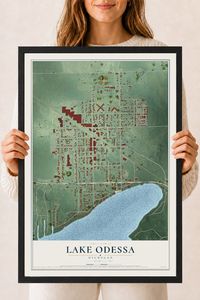 Map of Lake Odessa, Michigan, 18 x 24 inch print in a black wood frame
