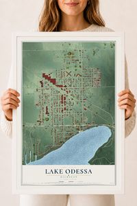 Map of Lake Odessa, Michigan, 18 x 24 inch print in a white wood frame