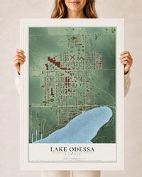 Map of Lake Odessa, Michigan, 24 x 36 inch print in a white wood frame