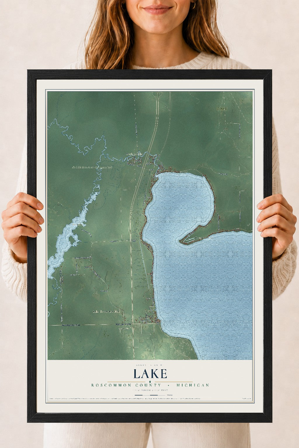 Map of Lake, Roscommon County, Michigan, 18 x 24 inch print in a black wood frame