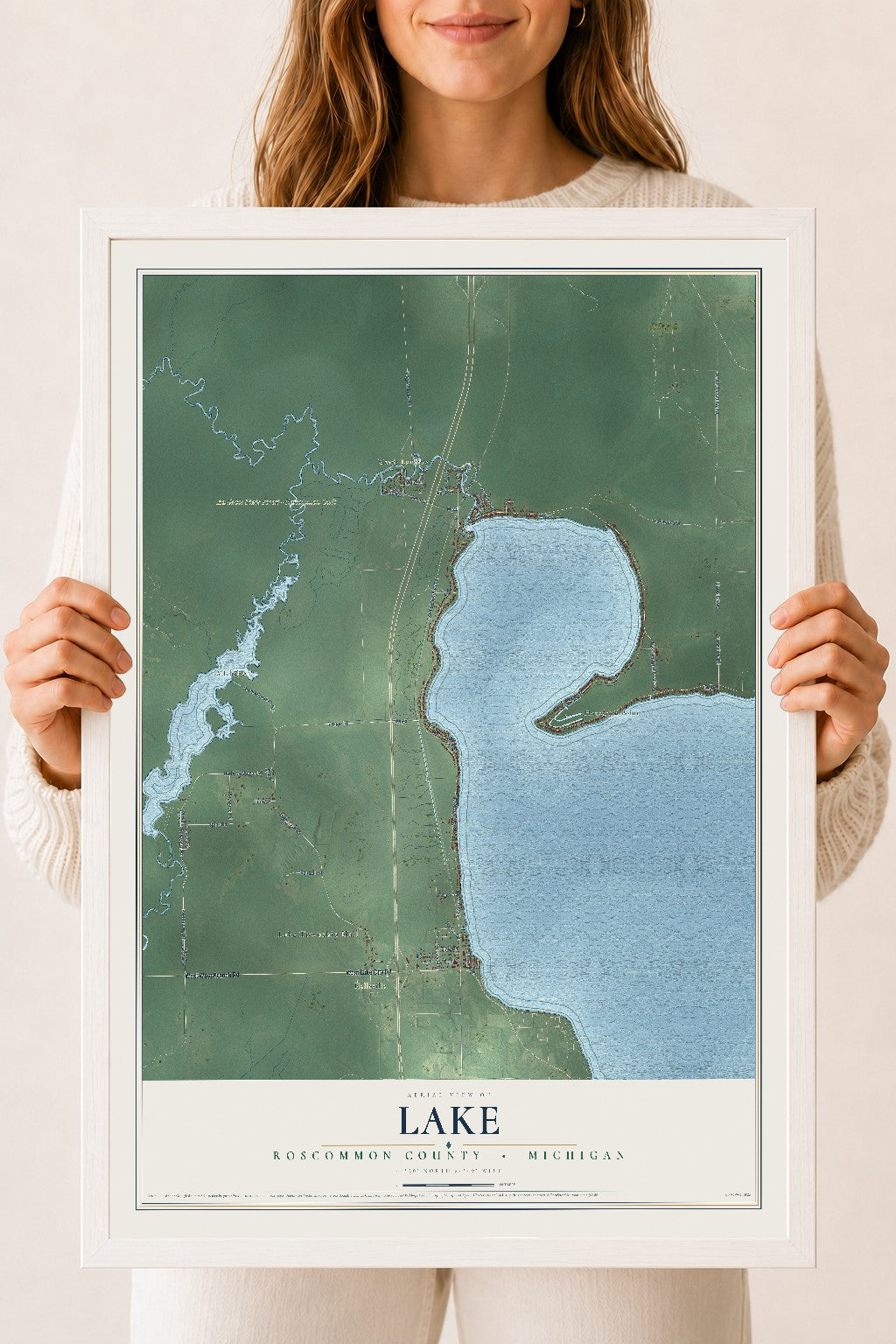 Map of Lake, Roscommon County, Michigan, 18 x 24 inch print in a white wood frame