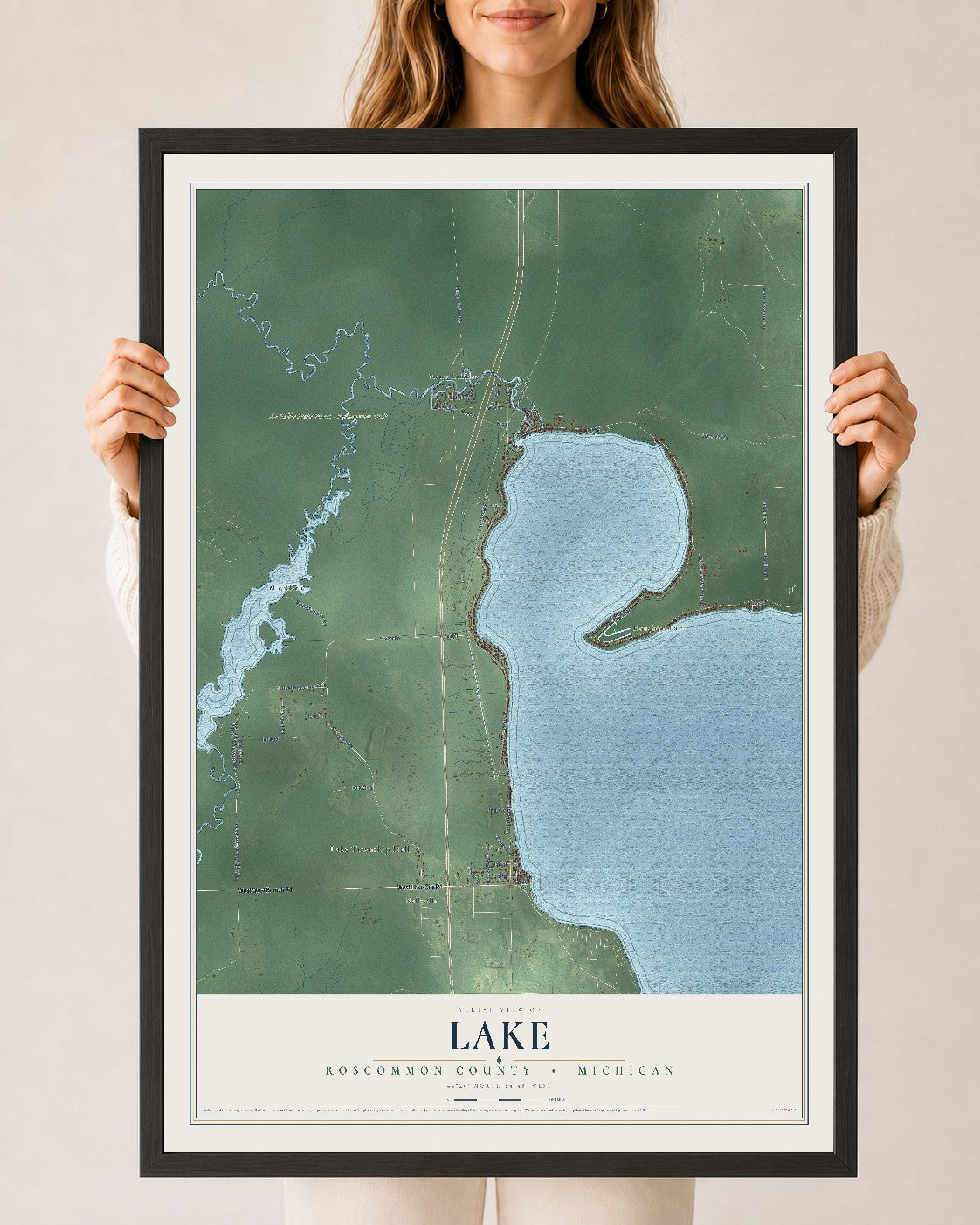 Map of Lake, Roscommon County, Michigan, 24 x 36 inch print in a black wood frame