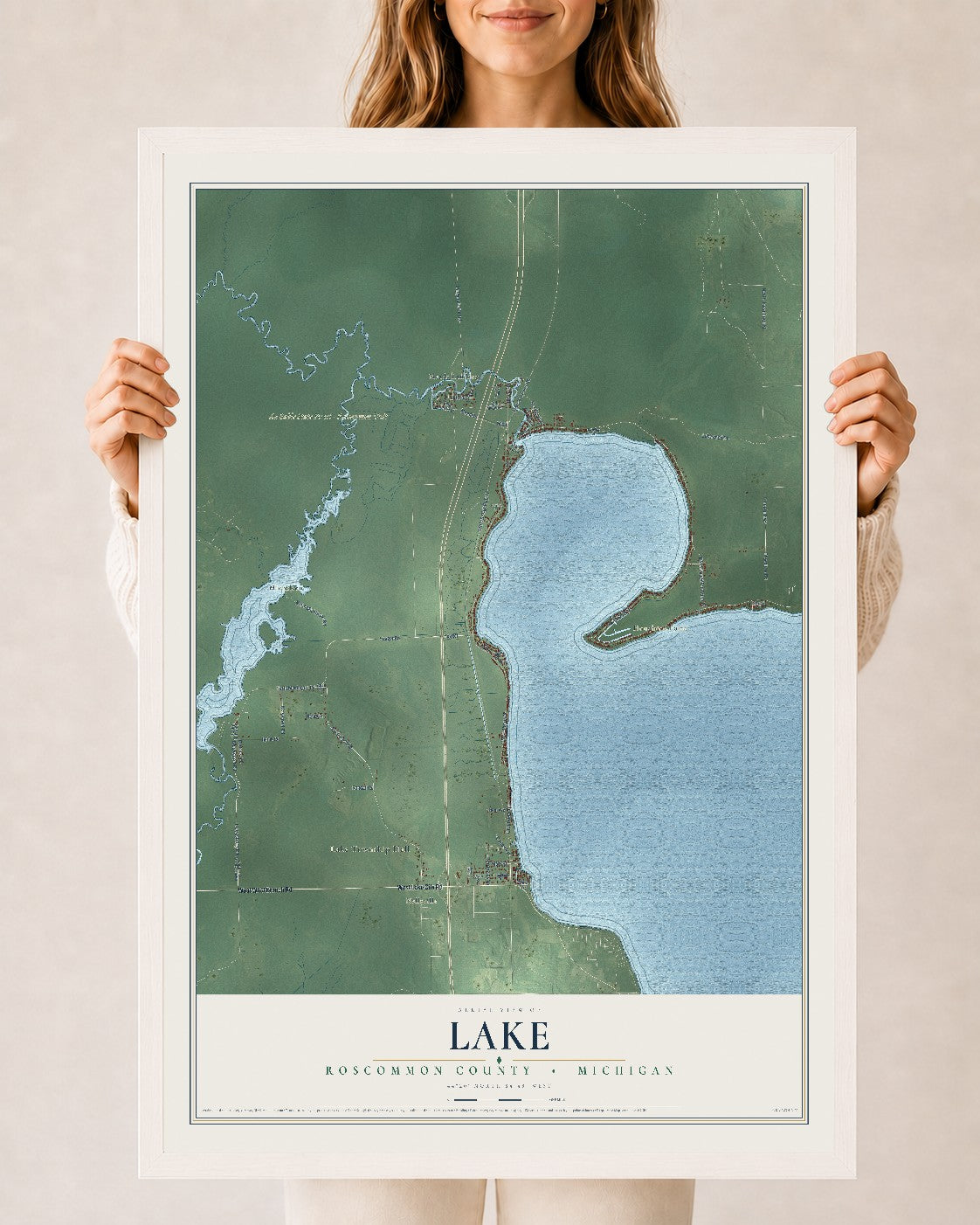Map of Lake, Roscommon County, Michigan, 24 x 36 inch print in a white wood frame
