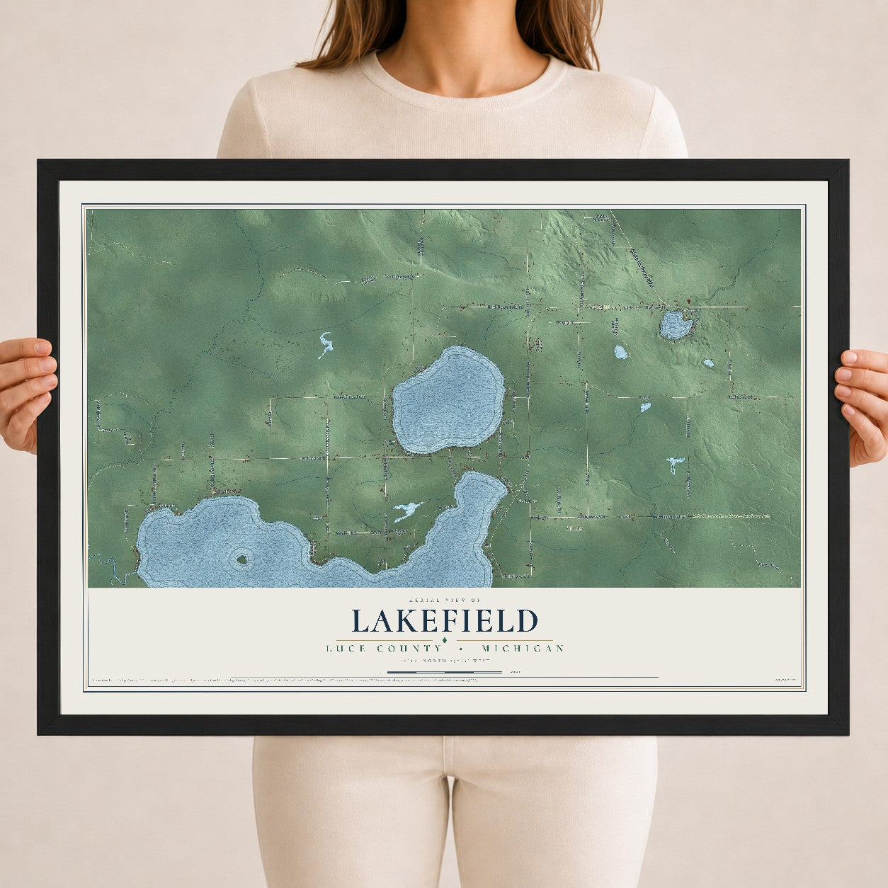 Map of Lakefield, Luce County, Michigan, 18 x 24 inch print in a black wood frame