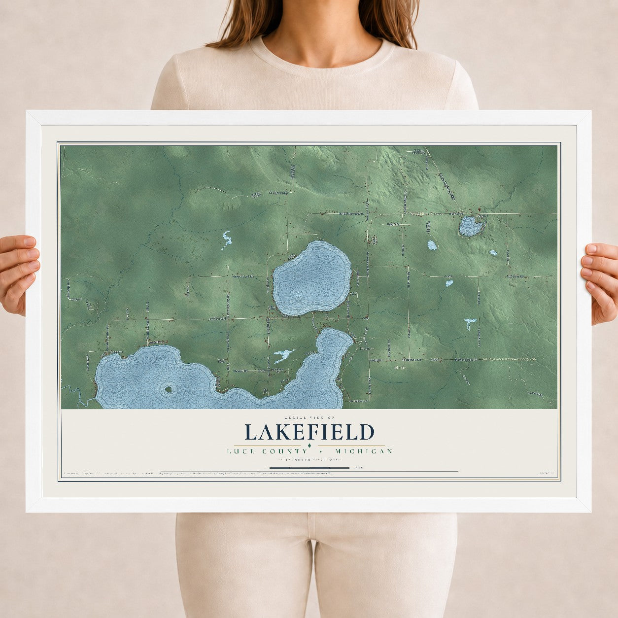 Map of Lakefield, Luce County, Michigan, 18 x 24 inch print in a white wood frame