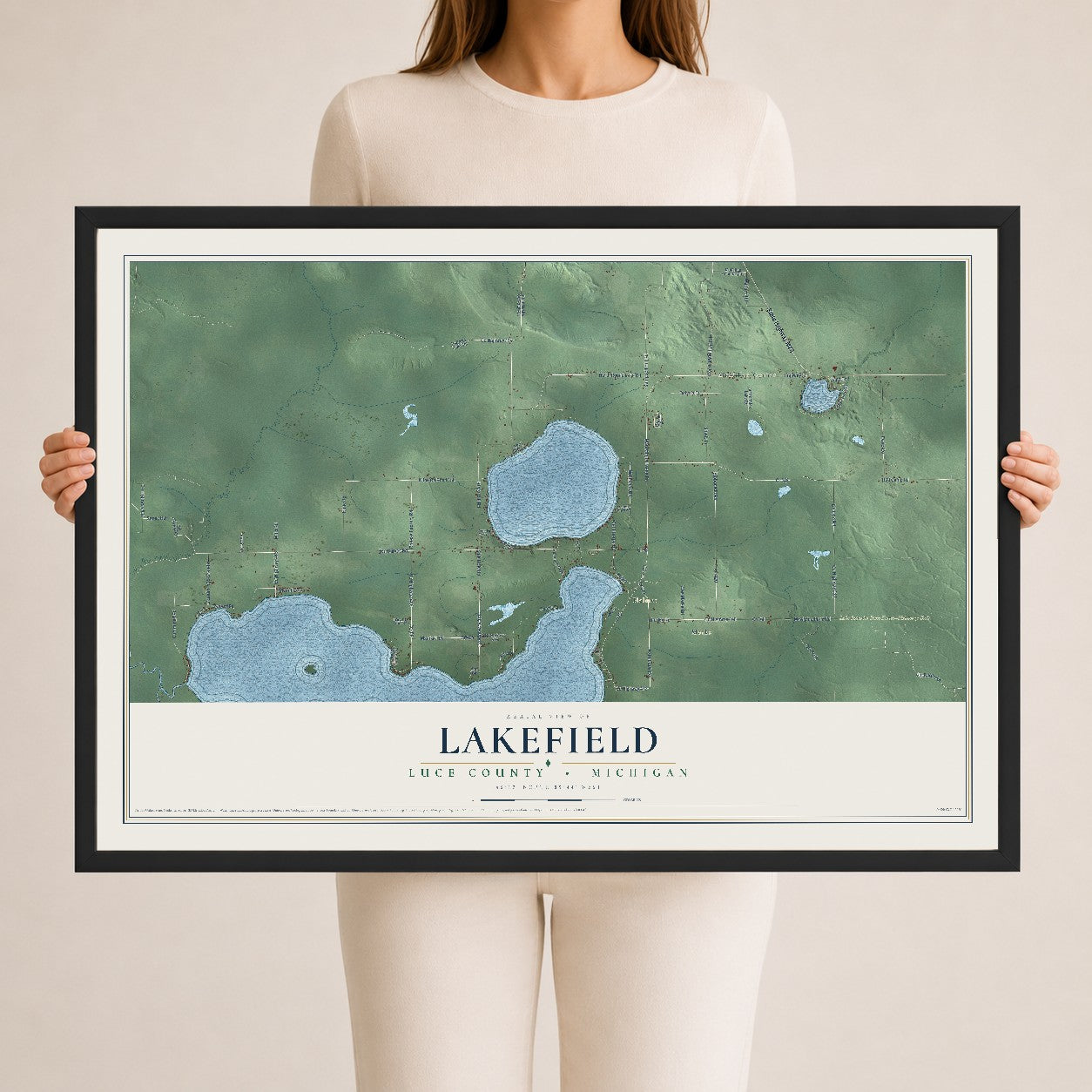 Map of Lakefield, Luce County, Michigan, 24 x 36 inch print in a black wood frame