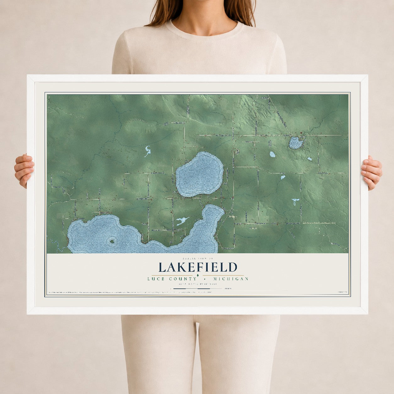 Map of Lakefield, Luce County, Michigan, 24 x 36 inch print in a white wood frame