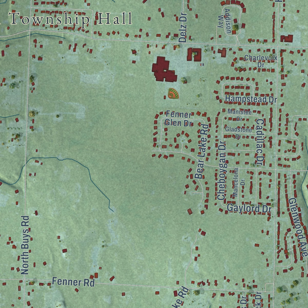 Close-up of the map of Laketon, Michigan print showing street and building detail