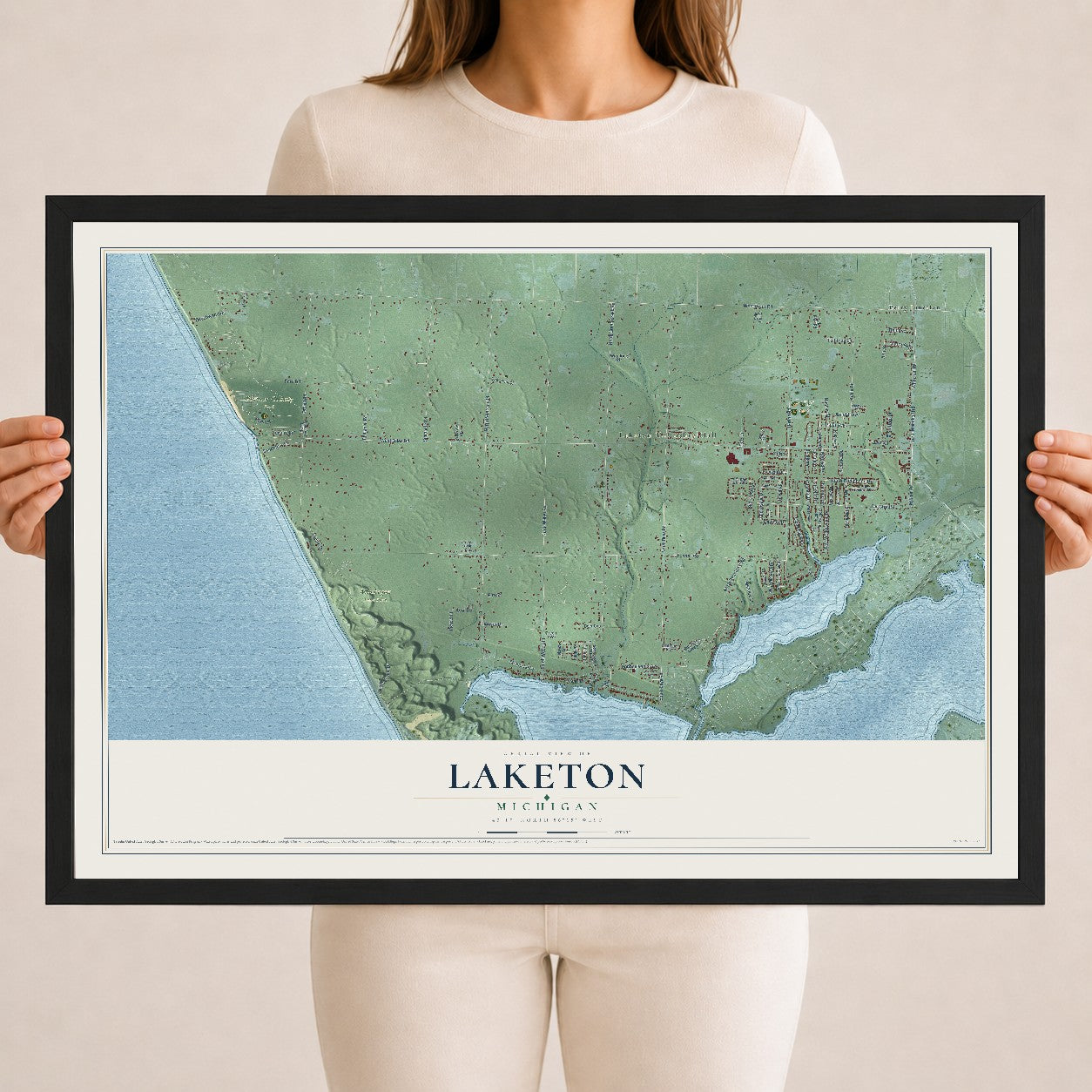 Map of Laketon, Michigan, 18 x 24 inch print in a black wood frame