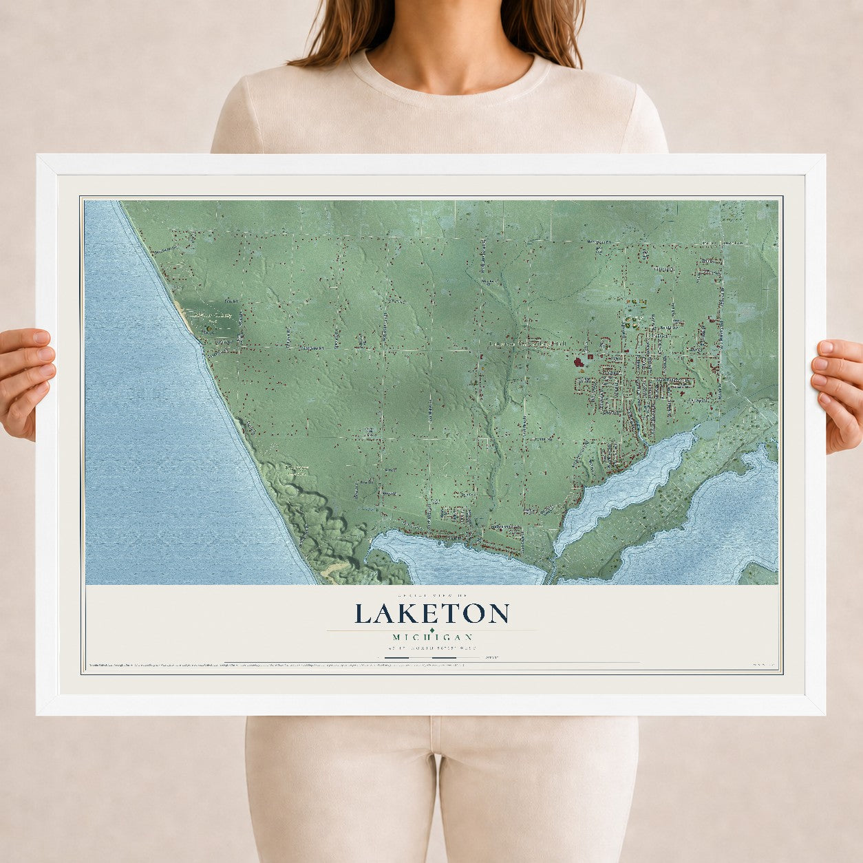 Map of Laketon, Michigan, 18 x 24 inch print in a white wood frame