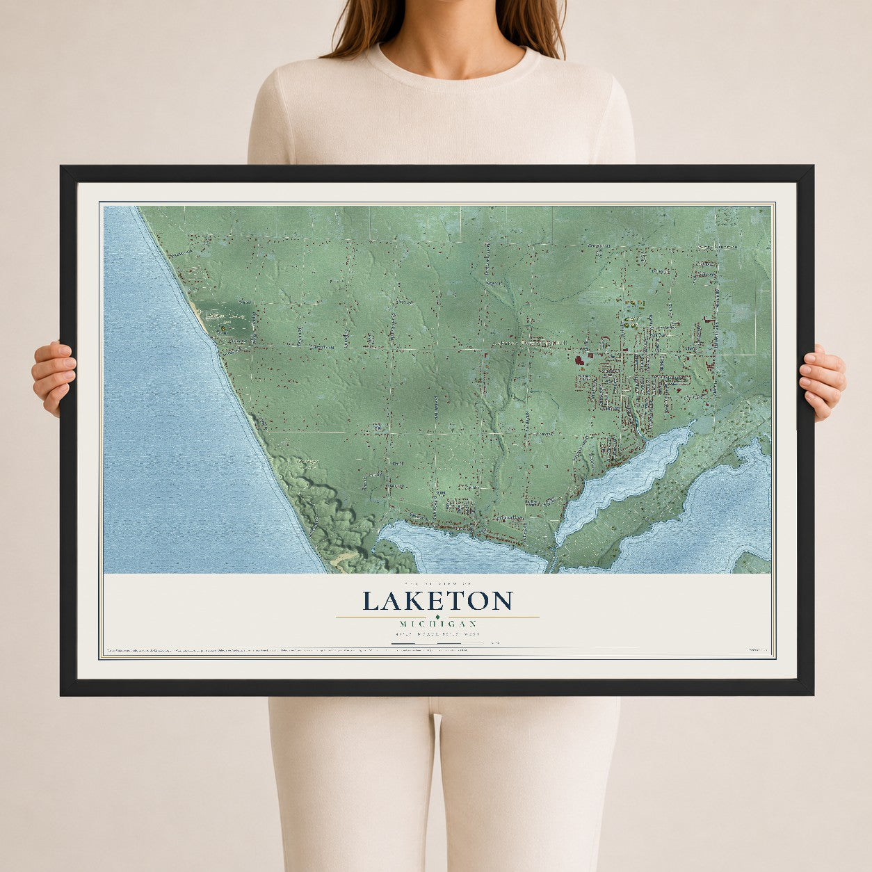 Map of Laketon, Michigan, 24 x 36 inch print in a black wood frame
