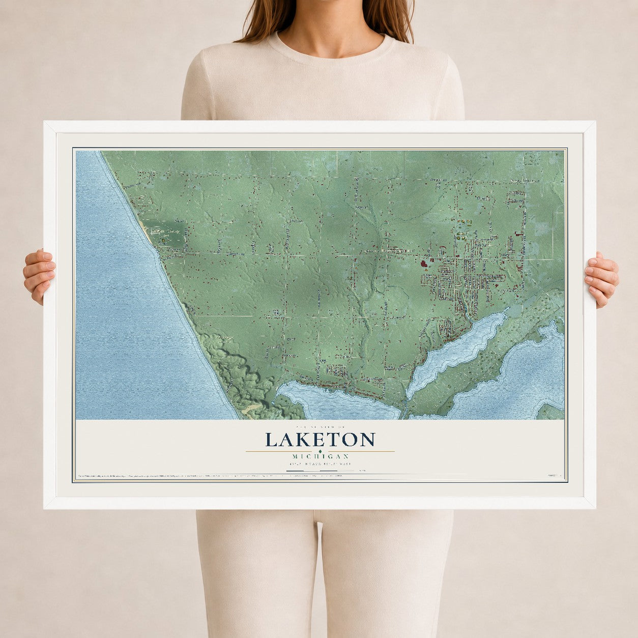 Map of Laketon, Michigan, 24 x 36 inch print in a white wood frame
