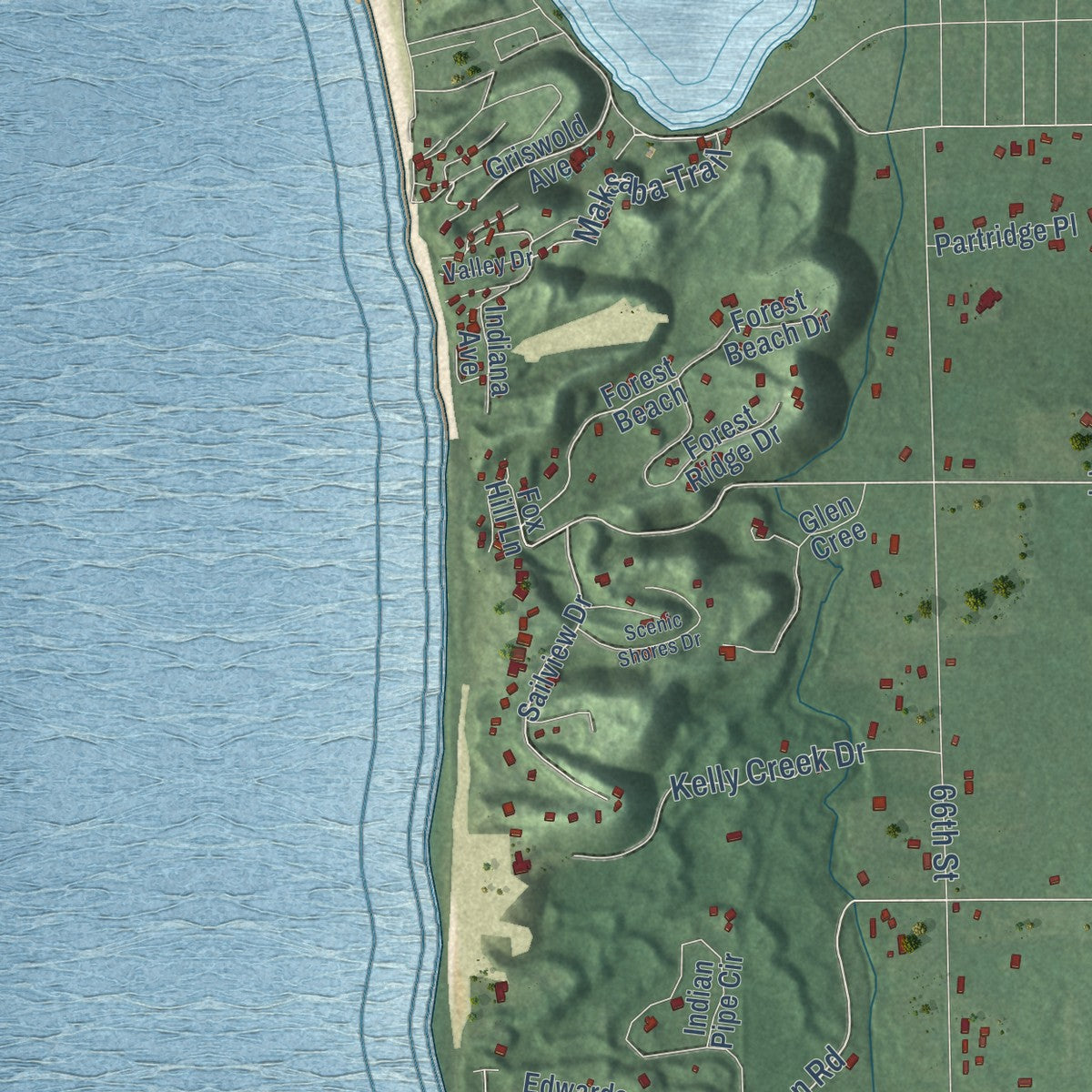 Close-up of the map of Laketown, Michigan print showing street and building detail