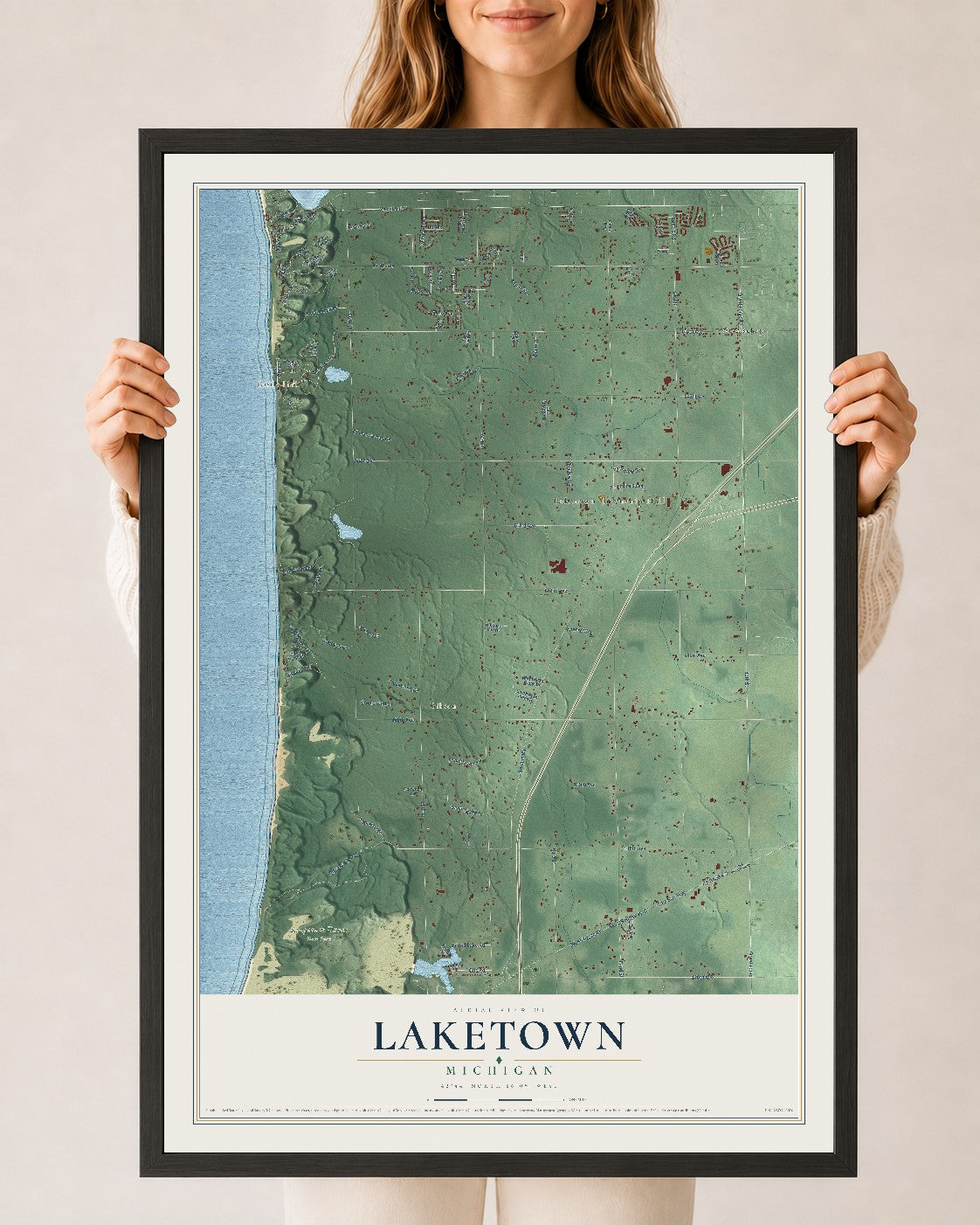 Map of Laketown, Michigan, 24 x 36 inch print in a black wood frame