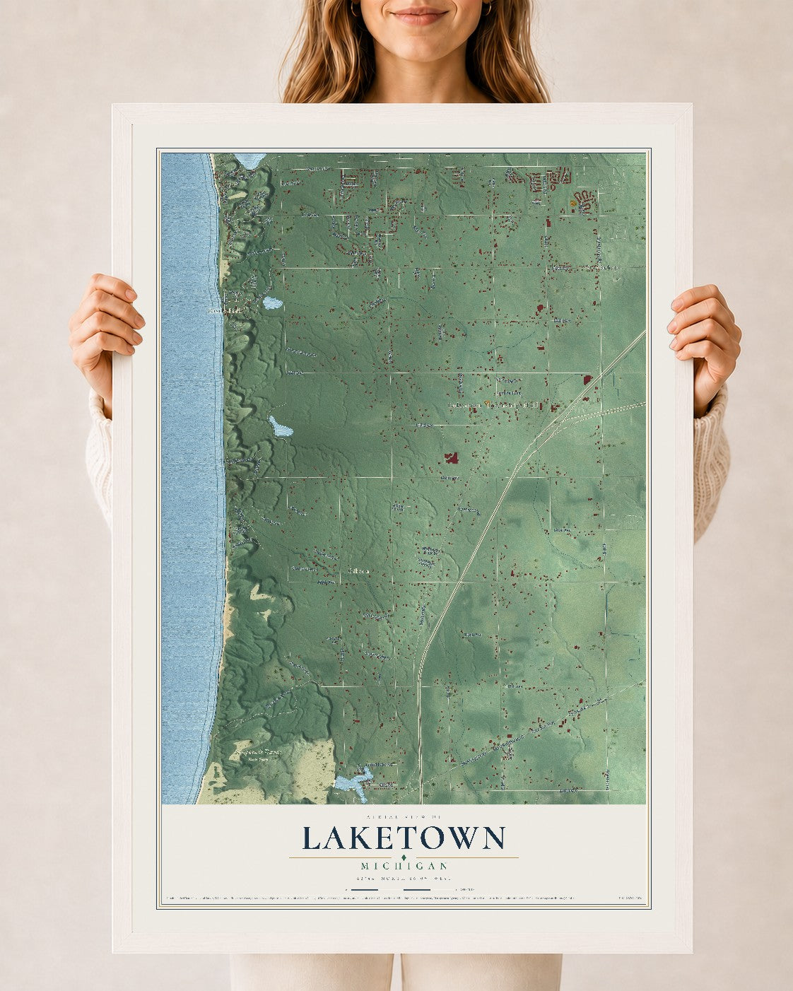 Map of Laketown, Michigan, 24 x 36 inch print in a white wood frame