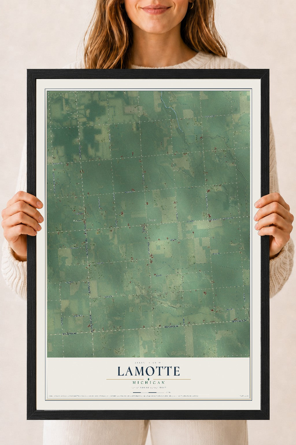 Map of Lamotte, Michigan, 18 x 24 inch print in a black wood frame