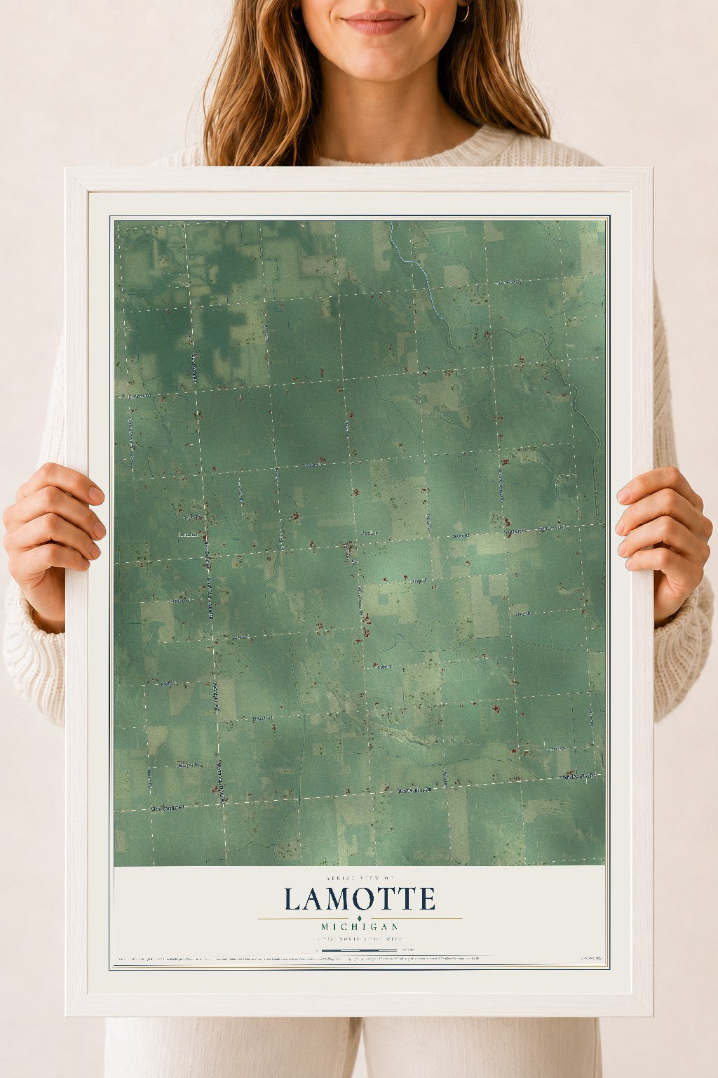 Map of Lamotte, Michigan, 18 x 24 inch print in a white wood frame