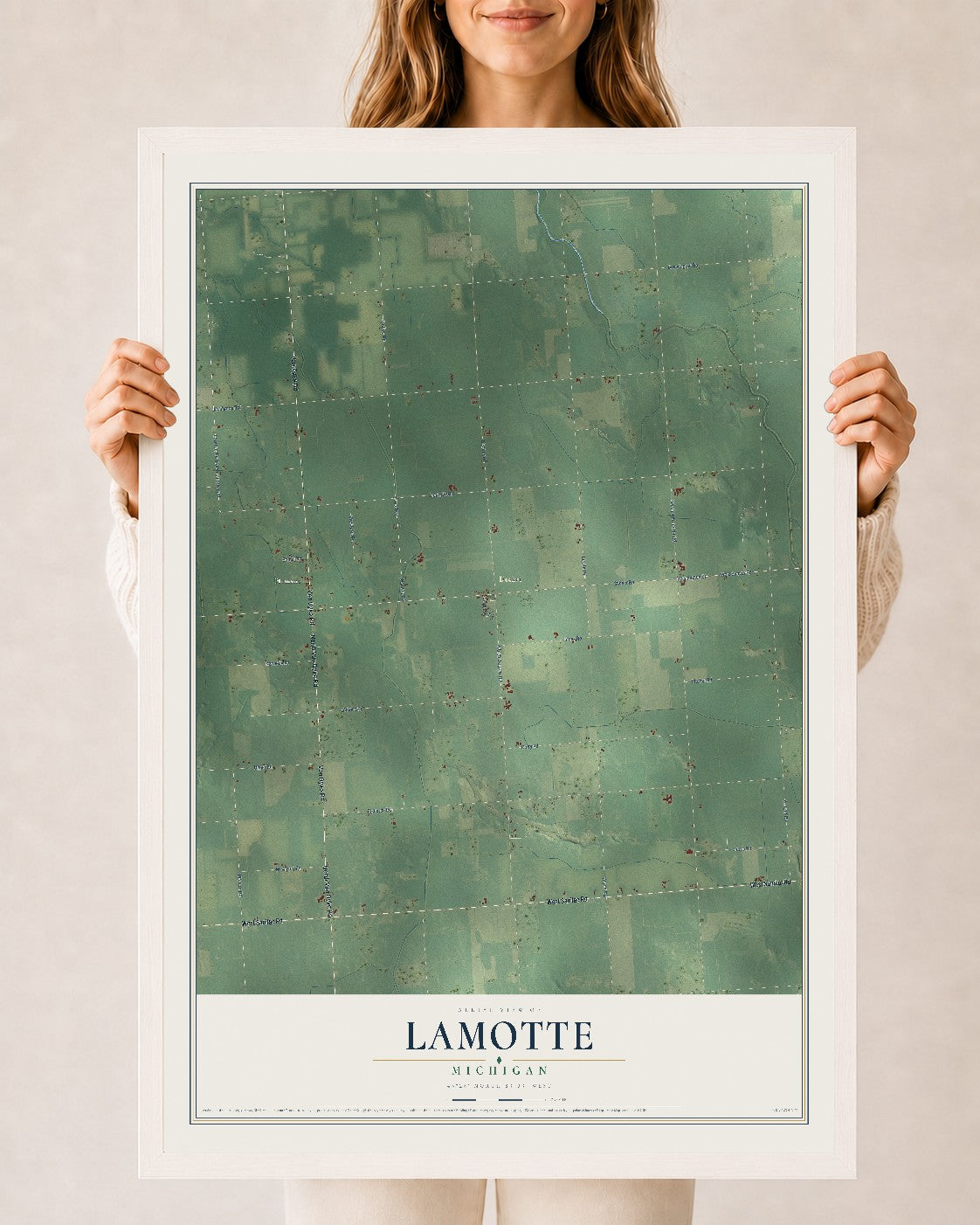 Map of Lamotte, Michigan, 24 x 36 inch print in a white wood frame