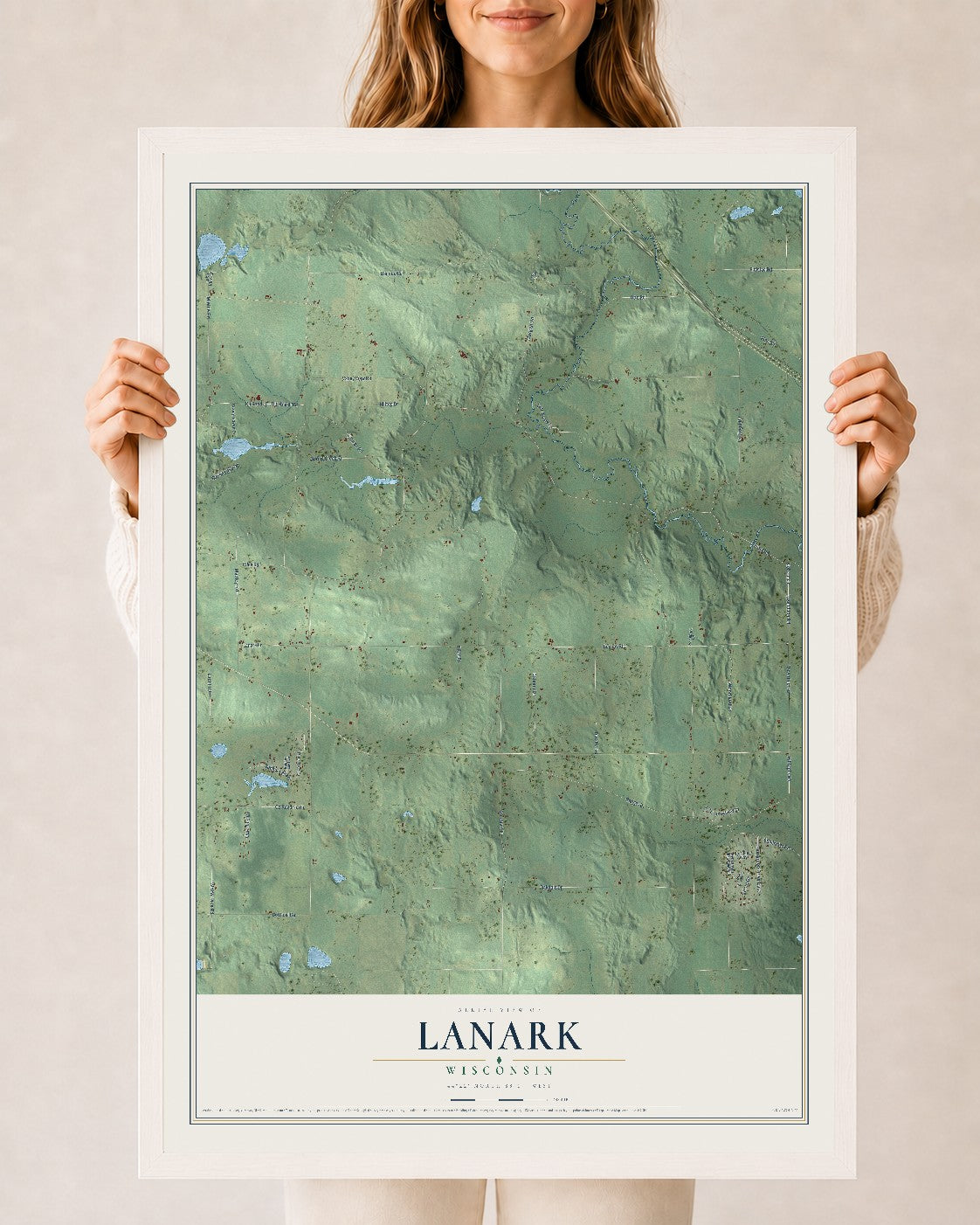 Map of Lanark, Wisconsin, 24 x 36 inch print in a white wood frame