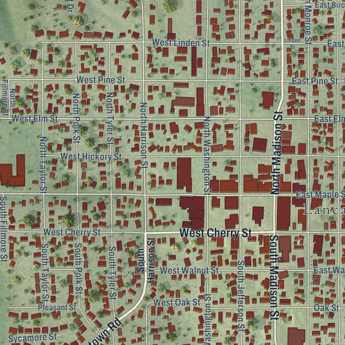 Close-up of the map of Lancaster, Wisconsin print showing street and building detail