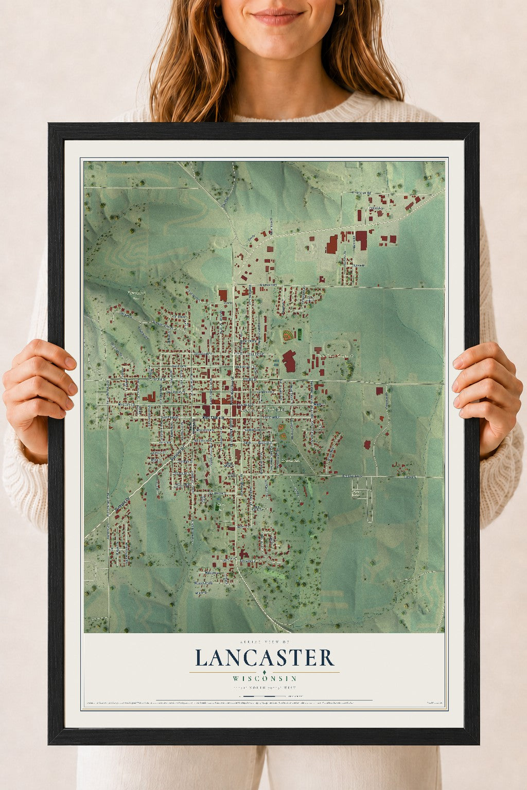 Map of Lancaster, Wisconsin, 18 x 24 inch print in a black wood frame